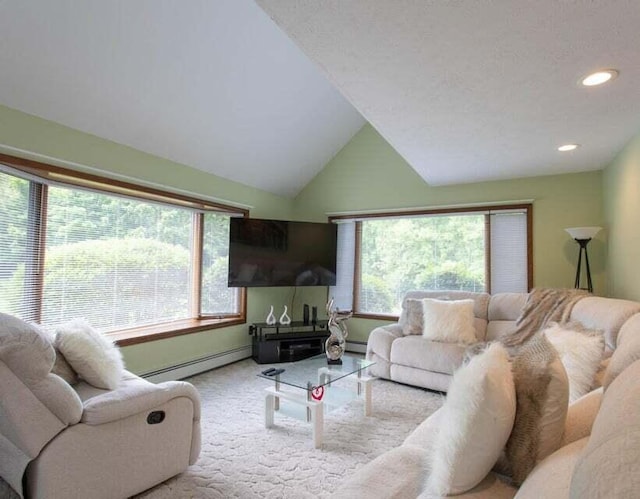 living room with high vaulted ceiling, light carpet, and a baseboard radiator