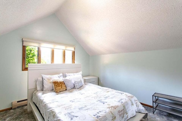 carpeted bedroom featuring lofted ceiling, a baseboard heating unit, and a textured ceiling