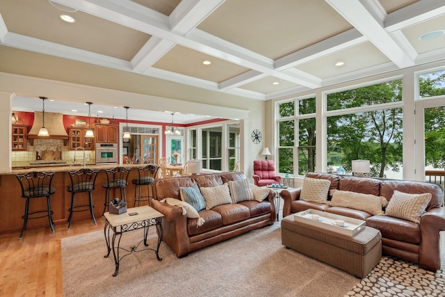 living room featuring light wood finished floors, beam ceiling, recessed lighting, and coffered ceiling