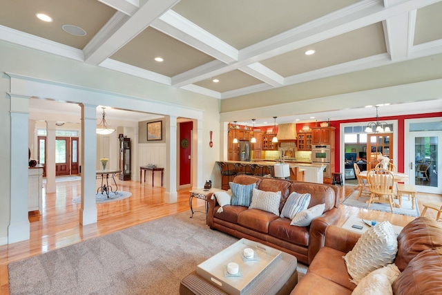 living area with recessed lighting, beamed ceiling, coffered ceiling, and light wood-style flooring