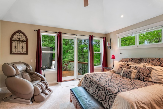 carpeted bedroom with lofted ceiling, access to outside, a ceiling fan, and baseboards