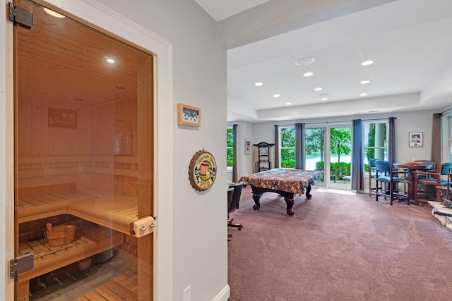 recreation room featuring billiards, recessed lighting, carpet floors, and a sauna