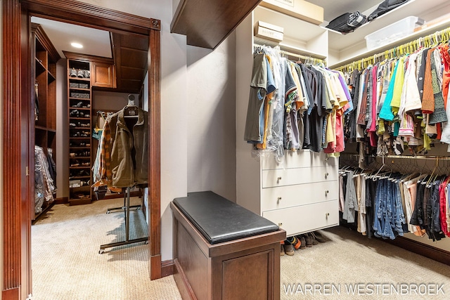 walk in closet featuring light carpet