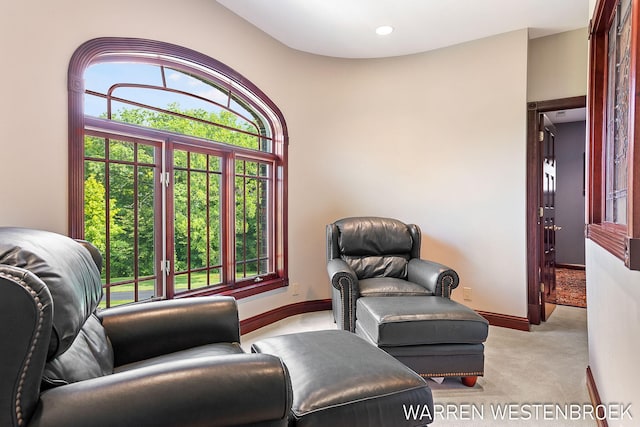 sitting room featuring light colored carpet