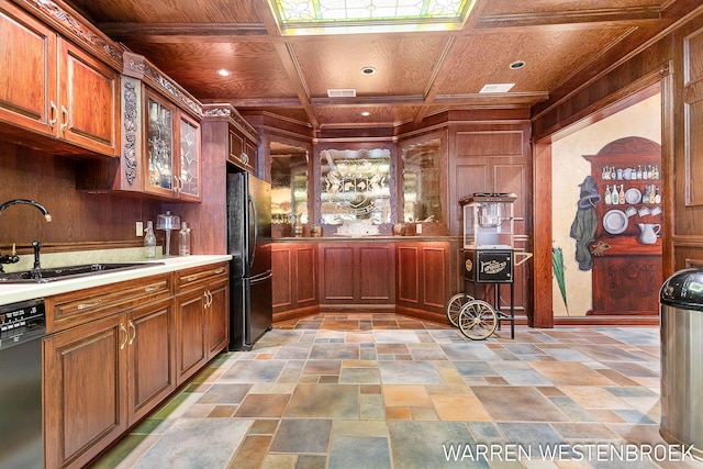 kitchen featuring sink, wood ceiling, wooden walls, coffered ceiling, and black appliances