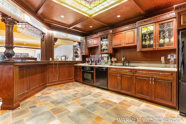 kitchen with coffered ceiling, sink, wooden ceiling, and black appliances