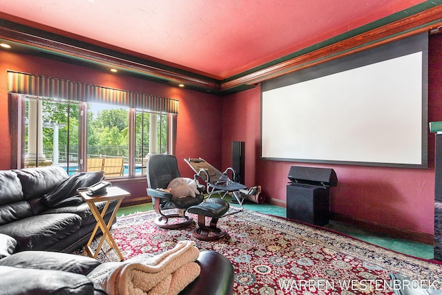 cinema room with a raised ceiling and ornamental molding