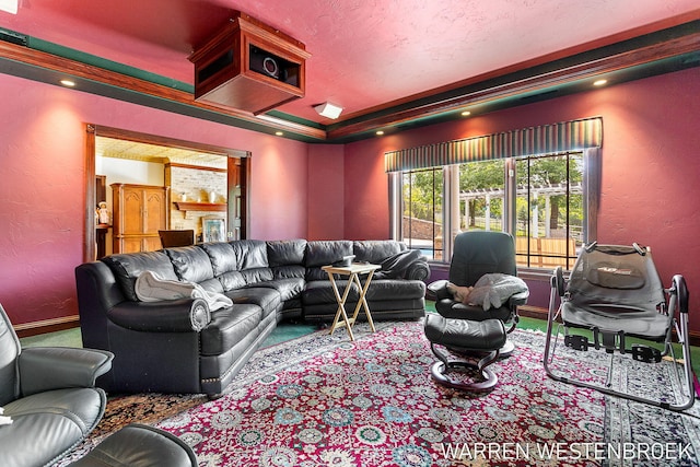 carpeted cinema room with a raised ceiling and a textured ceiling