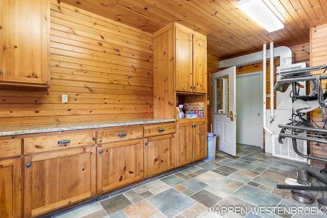 kitchen with wooden ceiling and wood walls