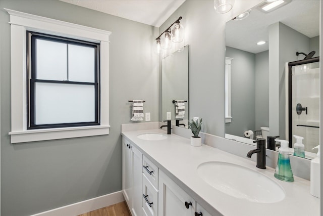 bathroom with vanity, wood-type flooring, and a shower with shower door