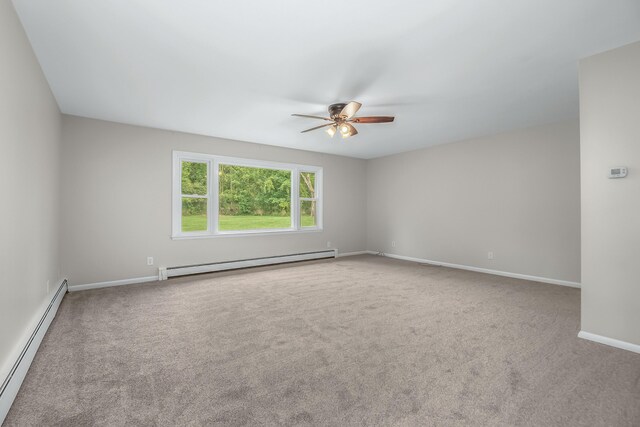 carpeted empty room featuring ceiling fan and baseboard heating