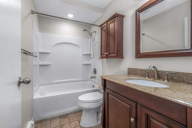 full bathroom with vanity, toilet, baseboard heating, tile patterned flooring, and bathtub / shower combination