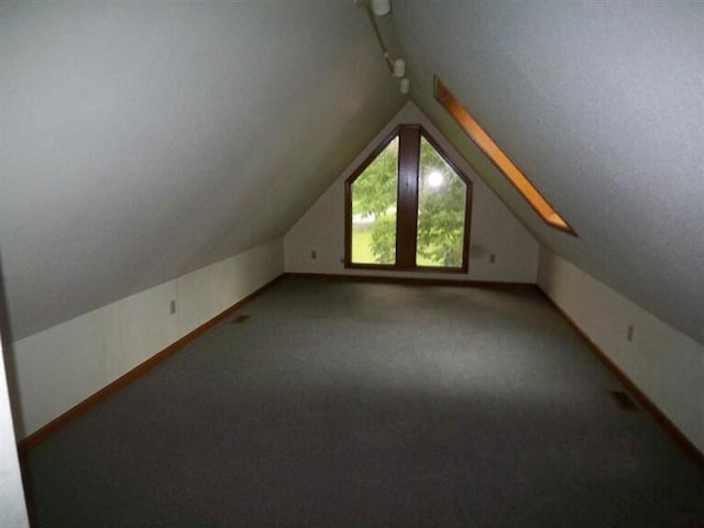 additional living space featuring lofted ceiling, visible vents, baseboards, and carpet floors