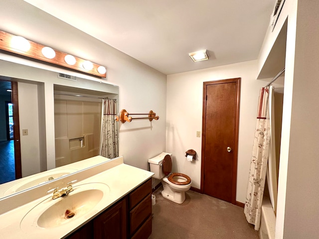 full bathroom with vanity, shower / bathtub combination with curtain, and toilet