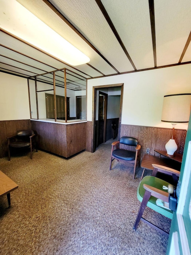 interior space featuring a wainscoted wall, wood walls, and carpet floors