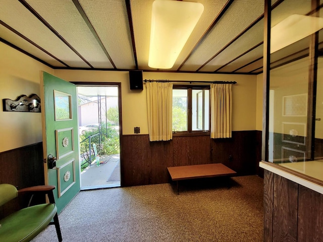 entryway with a wealth of natural light, wooden walls, wainscoting, and carpet floors