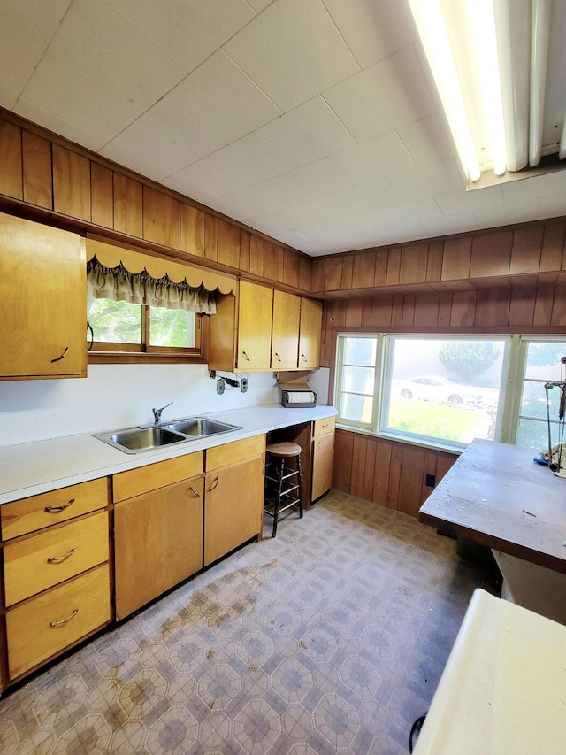 kitchen with a wealth of natural light, a sink, wooden walls, light countertops, and light floors