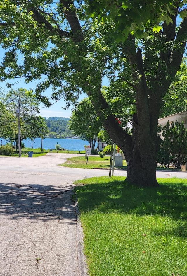 view of road with a water view