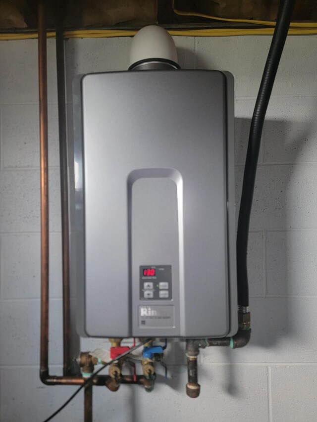 utility room featuring tankless water heater