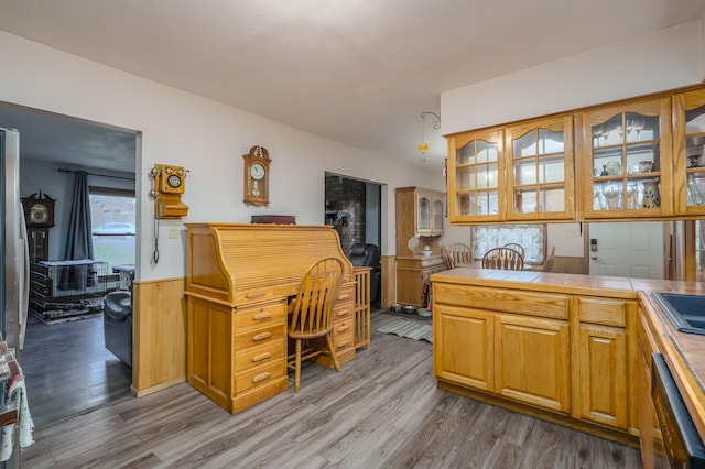 kitchen with hardwood / wood-style floors, tile counters, and dishwasher