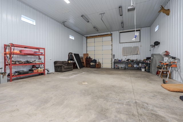 garage with a workshop area