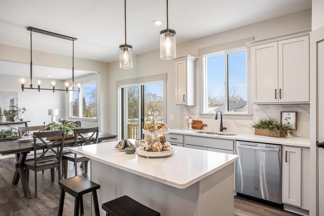 kitchen featuring sink, dark hardwood / wood-style flooring, stainless steel dishwasher, and a wealth of natural light