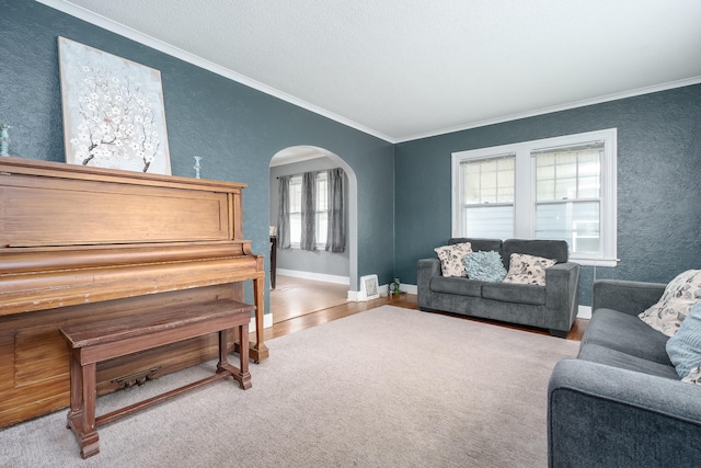 living room featuring wood-type flooring and crown molding