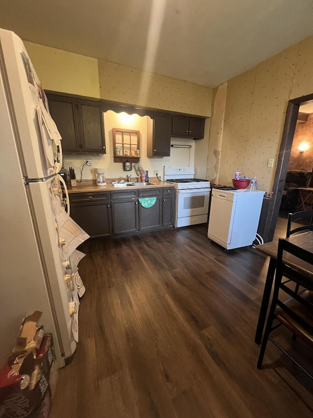 kitchen with dark hardwood / wood-style flooring, sink, and white appliances