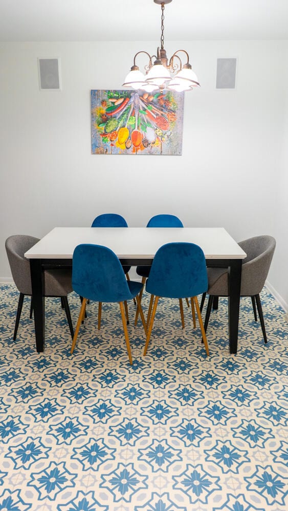 dining space featuring a chandelier