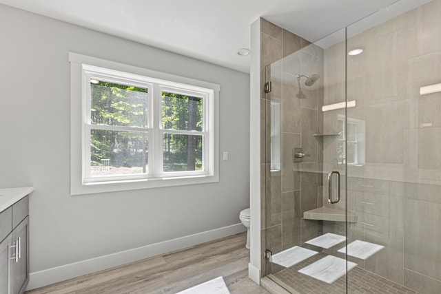 bathroom with hardwood / wood-style flooring, vanity, toilet, and walk in shower