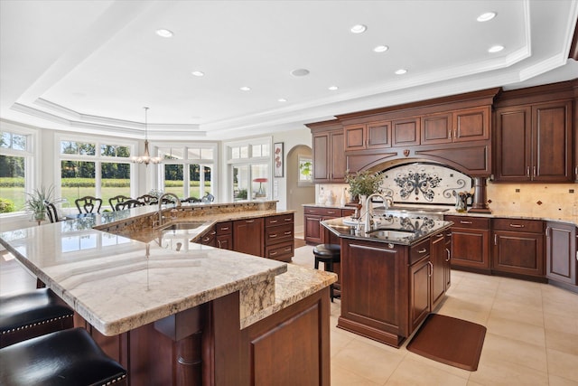 kitchen with a spacious island, sink, hanging light fixtures, a kitchen breakfast bar, and a tray ceiling