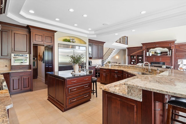 kitchen with sink, a large island with sink, a tray ceiling, and stainless steel appliances