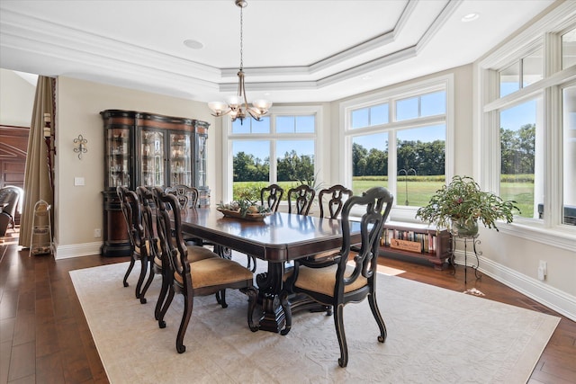 dining space with a raised ceiling, wood-type flooring, a notable chandelier, and crown molding