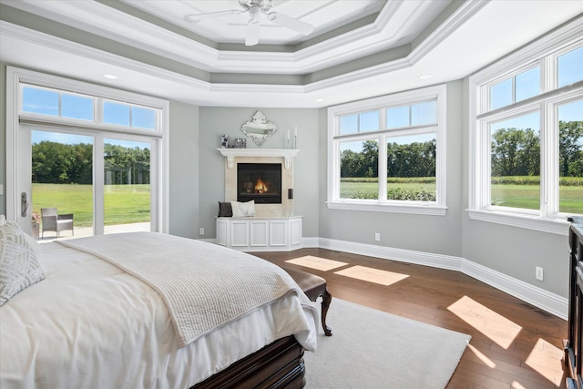 bedroom featuring ceiling fan, multiple windows, hardwood / wood-style flooring, and a raised ceiling