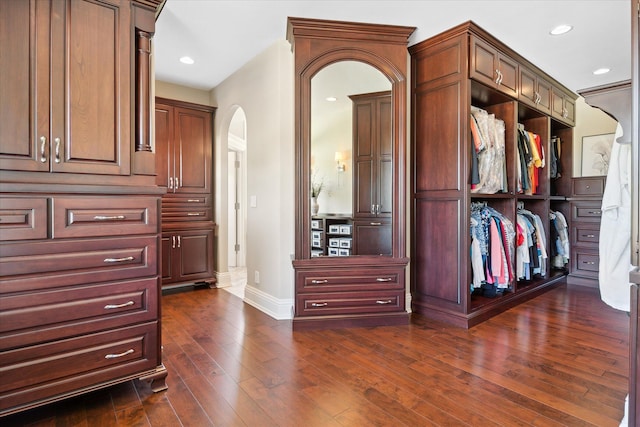 walk in closet with dark wood-type flooring