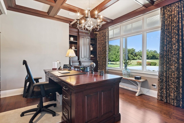 home office featuring an inviting chandelier, coffered ceiling, dark wood-type flooring, crown molding, and beamed ceiling