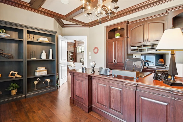 home office with dark hardwood / wood-style floors, beamed ceiling, an inviting chandelier, and coffered ceiling