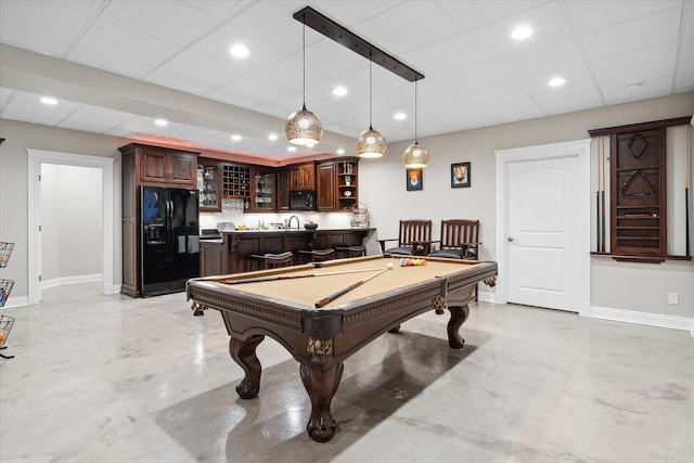 recreation room featuring indoor wet bar, a paneled ceiling, and pool table