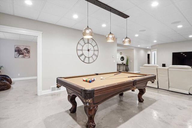 recreation room with pool table and a drop ceiling