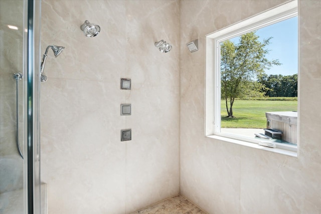 bathroom with plenty of natural light and a tile shower