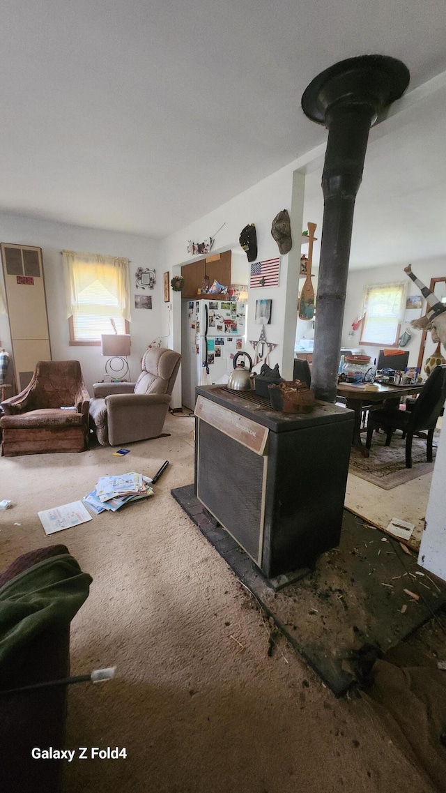 living room featuring carpet flooring and a wood stove