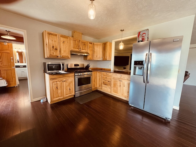 kitchen featuring dark hardwood / wood-style flooring, hanging light fixtures, a textured ceiling, and appliances with stainless steel finishes