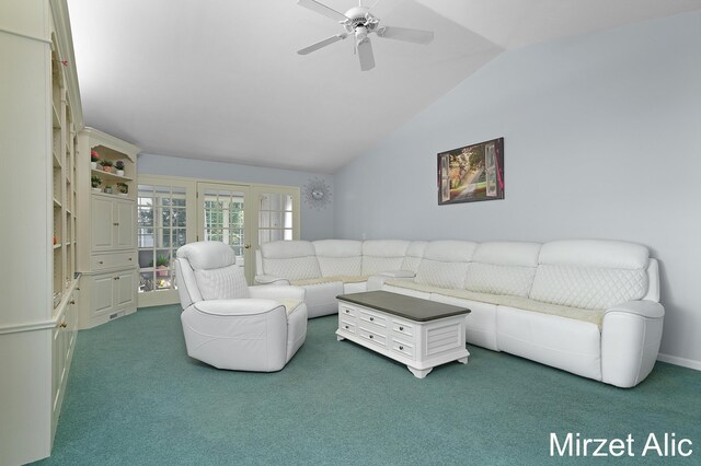 living room featuring ceiling fan, french doors, carpet floors, and vaulted ceiling