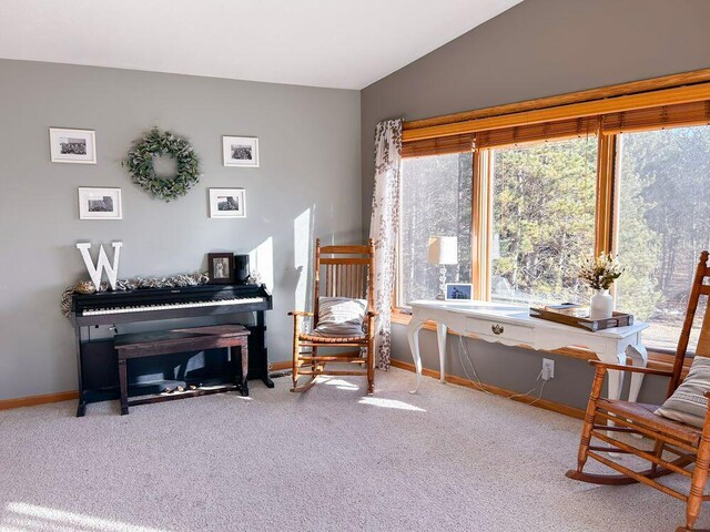 sitting room with carpet and vaulted ceiling