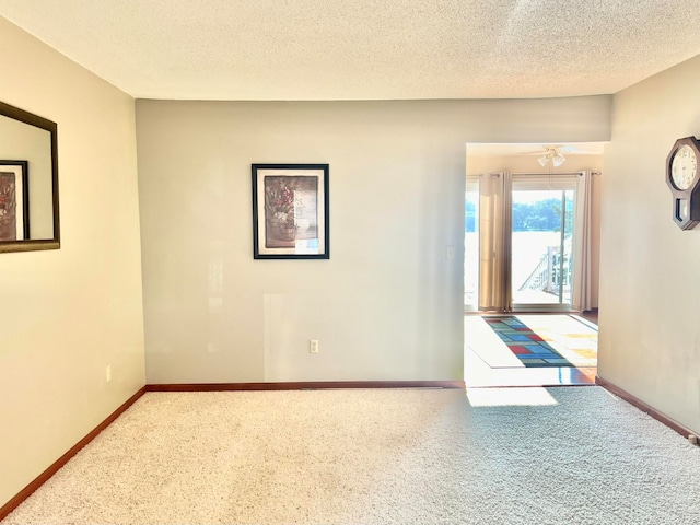 interior space with a textured ceiling and carpet flooring