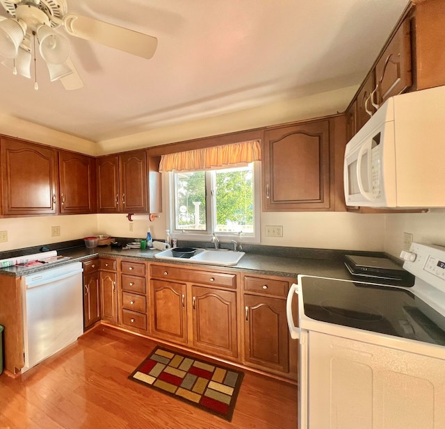 kitchen with ceiling fan, sink, wood-type flooring, and white appliances