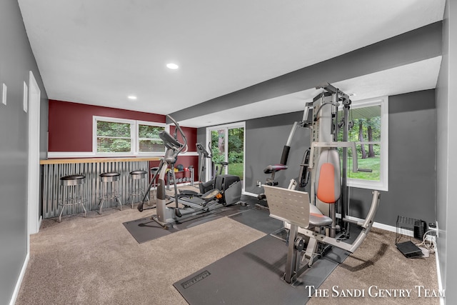 workout room with carpet and indoor bar