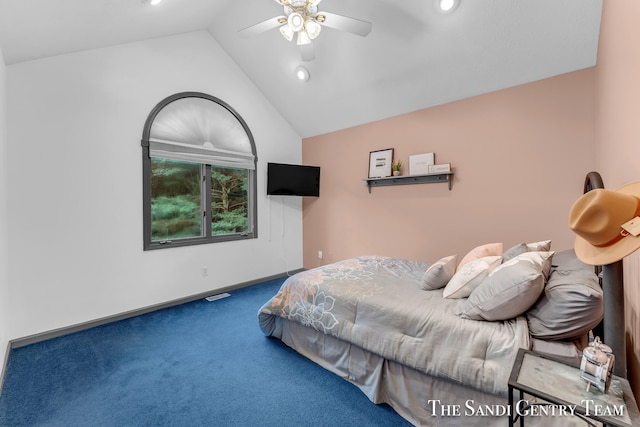 bedroom featuring carpet, high vaulted ceiling, and ceiling fan