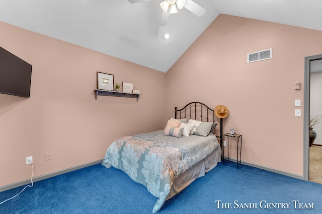 carpeted bedroom featuring ceiling fan and lofted ceiling