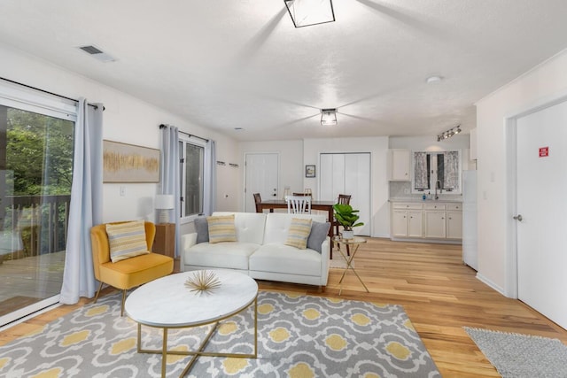 living room with visible vents and light wood-type flooring